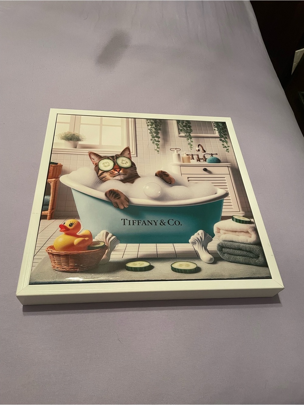 Tiffany & Co. teal bathtub cat print with white frame